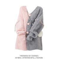 慵懶風軟糯馬海毛毛衣女秋冬拼接愛心鈕釦中長版水貂毛針織上衣