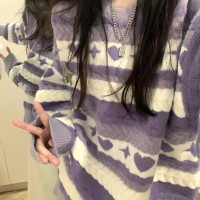 紫色毛衣女冬季新款設計感小眾日系慵懶風復古條紋針織衫圓領上衣