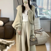 慵懶風中長版過膝連帽貂絨毛衣外套女寬鬆秋冬高級感針織開衫大衣