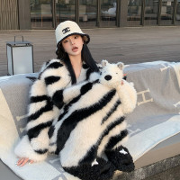 斑馬紋V領毛衣女秋冬季加厚高級設計感小眾軟糯別致絕美毛絨上衣