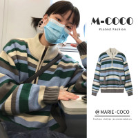 美式復古條紋拉鍊毛衣外套女秋冬學院風小眾設計感奶系針織衫上衣