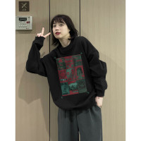 復古黑色圓領oversize衛衣女春秋2023新款加絨加厚小個子疊穿上衣