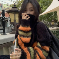 黑色針織衫毛衣女秋冬慵懶風復古高腰條紋設計感小眾寬鬆百搭上衣