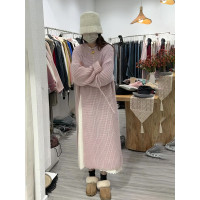 秋季慵懶風圓領套頭毛衣裙子女寬鬆過膝中長版側邊開叉針織洋裝