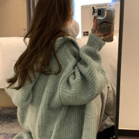 慵懶連帽寬鬆加厚中長版大開衫外套加長毛衣女秋冬針織衫