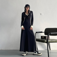 2023新款V領休閒學院風薄款氣質條紋黑色長袖洋裝女長版裙子