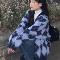 奶系軟糯菱格毛衣女秋冬寬鬆韓版古著慵懶溫柔風V領針織開衫外套