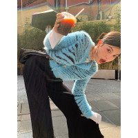 藍色毛衣外套女開衫仿貂毛斑馬紋韓系氛圍感內搭短款針織衫秋冬