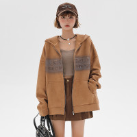 Girlyhalo原創美式復古壓花麂皮絨小個子連帽運動衫開衫初秋外套女