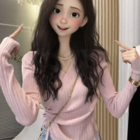 粉色氣質顯瘦V領針織打底衫女設計感小眾內搭抽繩初秋高級感上衣