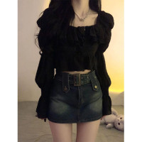 韓系chic褶皺方領襯衫女秋裝純欲荷葉邊短款卡腰小衫別致辣妹上衣