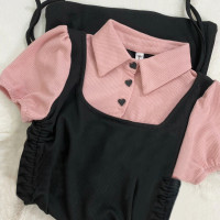 巨好穿~假兩件洋裝女設計感小眾收腰顯瘦polo領短袖襯衫包臀裙