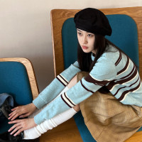 銀河汽水 藍色條紋毛衣女秋季2023新款小個子短款顯瘦針織上衣