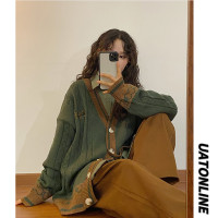 UATONLINE秋冬新款美式復古寬鬆學院風麻花開衫毛衣針織衫外套女