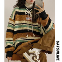 UATONLINE秋冬新款美式復古寬鬆條紋設計感圓領針織衫女套頭毛衣