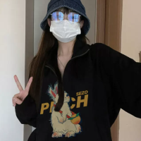 古著Polo領春秋款衛衣女2023新款美式慵懶風chic黑色半拉鍊上衣潮