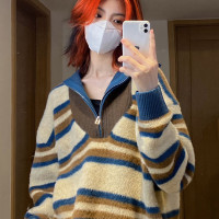 條紋毛衣女秋冬慵懶風復古寬鬆百搭半拉鍊高領套頭拼接針織衫上衣