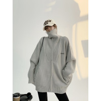 廢柴冬季美式高級感加厚高領毛衣外套寬鬆設計感重磅拉鍊開衫女潮