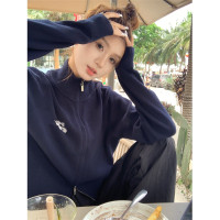 設計感藏青色立領拉鍊毛衣外套女秋季2023新款慵懶風寬鬆百搭上衣