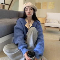 韓系別致撞色圓領毛衣外套女秋季2023新款氣質小眾口袋寬鬆上衣潮