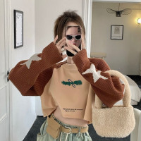 美式復古設計感辣妹短款毛衣撞色拼接秋冬寬鬆百搭小眾圓領厚棉T潮