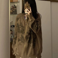 美式復古紮染設計感小眾毛衣外套女秋季慵懶長袖拉鍊針織開衫上衣