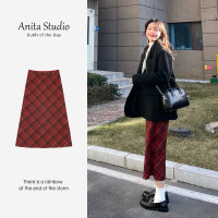 Anita Studio 新年紅色格子毛呢a字半身裙女2023春季新款中長版