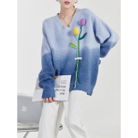 【現貨】高級感超好看毛衣法式鬱金香花朵漸層色寬鬆慵懶針織衫女