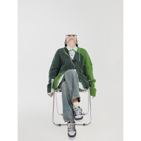 LLL LAB法式慵懶毛衣外套女開衫綠色V領設計感小眾高級感針織衫秋