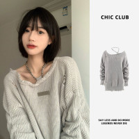 美式慵懶chic設計感炸街灰色露肩毛衣女秋冬寬鬆外穿2022新款爆款