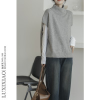 LUXIXIAO針織馬甲女外搭學院風無袖高領坎肩背心毛衣寬鬆灰色上衣