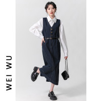 高級感V領無袖牛仔抱嬰袋洋裝女2023春秋新款收腰中長版背心裙子