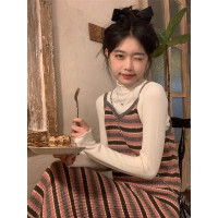 條紋針織吊帶裙女秋冬垂墜感法式漂亮復古獨特別致包臀長版洋裝