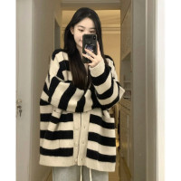 條紋針織開衫女日系慵懶復古寬鬆軟糯毛衣中長版外套上衣秋冬外穿