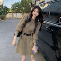 小個子收腰泡泡袖針織毛線洋裝女秋冬配長靴大衣內搭打底可外穿