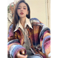 別致彩色條紋毛衣外套女春季2023新款寬鬆氣質百搭中長版針織上衣