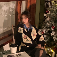 JC古著商店黑色復古針織開衫女春秋新款鉤花設計感溫柔風毛衣外套