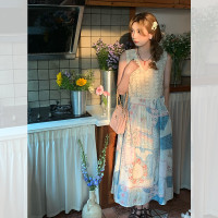 JC古著商店"如夢" 復古V領無袖洋裝女夏波西米亞拼布長版背心裙