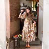 JC古著商店"天使霞光"法式復古碎花洋裝女夏泡泡袖肌理感油畫裙