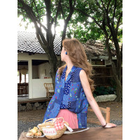 JC古著商店 "花夢"藍色無袖雪紡襯衫女夏復古V領拼布碎花背心上衣