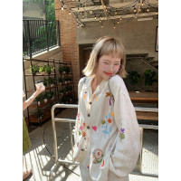 白色刺繡棉麻襯衫女秋季法式復古小個子設計感小眾慵懶風防曬上衣