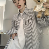 polo領條紋長袖襯衫女裝秋季薄款韓版設計感小眾外搭寬鬆襯衫上衣