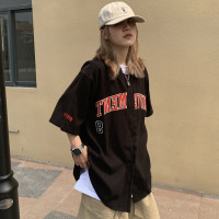 日系街頭美式復古棒球服短袖男女寬鬆嘻哈開衫襯衫上衣ins潮外套