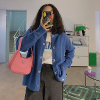 Dazi金大支毛衣外套針織慵懶風秋裝新款寬鬆圓領克萊因藍開衫女裝