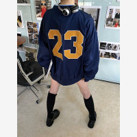 何以沫美式復古棒球服衛衣女2023秋季潮牌刺繡寬鬆V領套頭衫ins潮