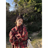 陳小腿~Turn left 紅格紋撞色復古襯衫女春夏設計感小眾寬鬆上衣