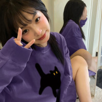 美式復古oversize紫色圓領厚棉T女春秋季慵懶風小個子別致獨特上衣