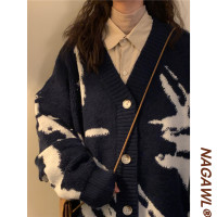 NAGA自制2023冬季新款寬鬆美式復古設計感開衫毛衣外套加厚針織衫