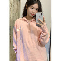 美式復古粉色POLO領半拉鍊長袖套頭厚棉T女春秋新款落肩刺繡上衣潮