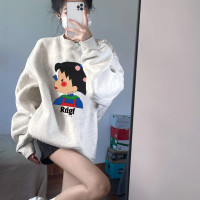 花灰色厚棉T女春秋薄款oversize韓版寬鬆慵懶風小個子圓領無帽上衣